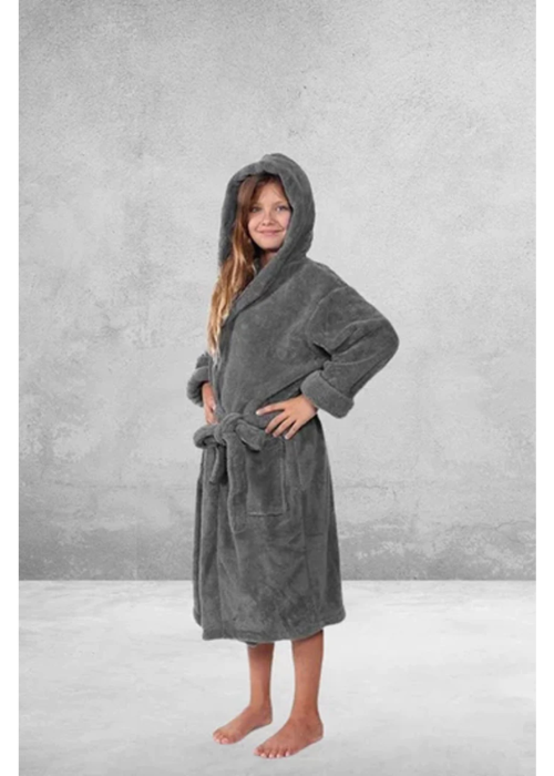 Kid's Flecee with Hooded Solid Charcoal Bathrobe